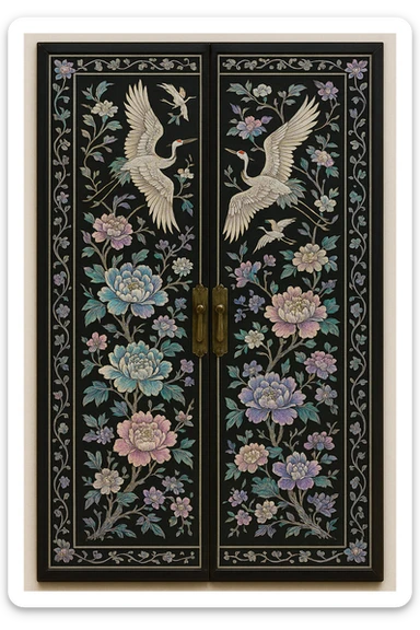 door in Korean mother-of-pearl art style, traditional flowers and crane patterns in lacquerware decoration, intricate and luxurious design sticker
