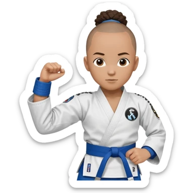 black karate instructor with pony tail afro hair and shaved bald sides haircut, Make the hair brown and the belt blue. Add the roger Gracie academy logo on the go also and the p logo of progress jiu jitsu on the right arm sleeve  at the top sticker