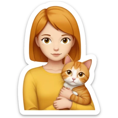 Straight short hair ear length in dark brown , skin tone honey . holding one ginger cat and one yellow white cat same size  sticker