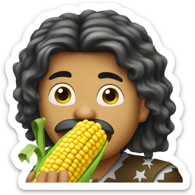 Long haired Mexican eating a corn sticker