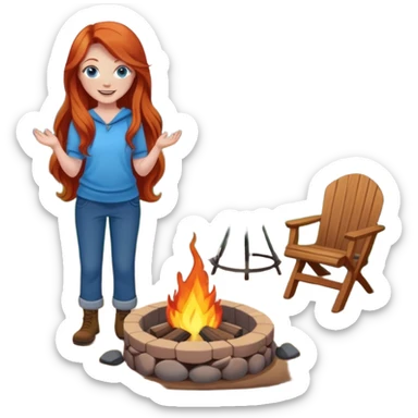 Very Happy redhead with long hair and blue eyes beside fire pit in backyard sticker