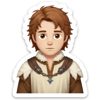 medieval spring outfit worn by a DnD themed fantasy male character. cotton tunic with sleeves rolled to the elbow, featuring a light fur-lined collar for chilly mornings. clothes only above the waist. The clothes full waist. The character's haven't arms. character is white-skinned, chestnut brown hair, amber eyes, shoulder-length messy hair. sticker