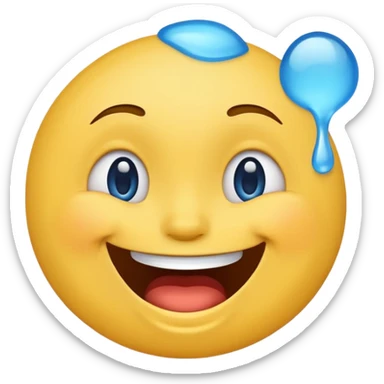 Emoji, yellow round laughing tilted head face sideways with blue tears of fun sticker