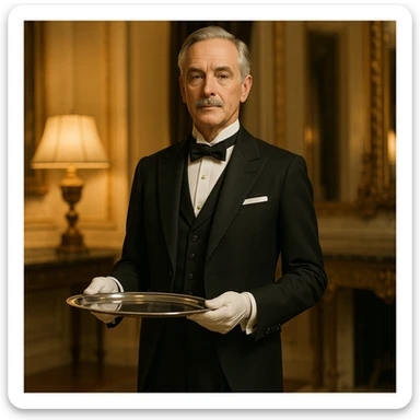 a sophisticated butler, elegant, formal attire, holding a silver tray, in a luxurious setting, refined and detailed, professional and dignified sticker