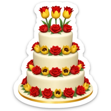 A large three teir cake with first mayer decorated with roses, second with Sunflowers and third with Tulips and Happy Birthday Dear written on top. sticker