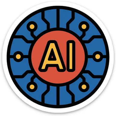 circular computer chip icon with 'AI' in the center, intricate electronic circuit lines in the background sticker