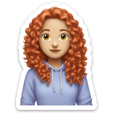 a white girl with long red curly hair, wearing a pastel periwinkle hoodie doing a pose sticker