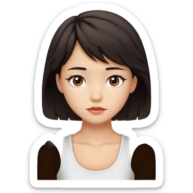 A pretty girl with dark brown eyes and short wavy dark hair with short side bangs and a neutral expression, with chinita skin and a white tank top(not sleeveless)emoji sticker
