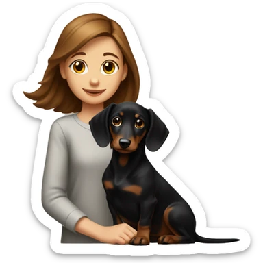 brown-haired girl and black dachshund puppy with tan sticker