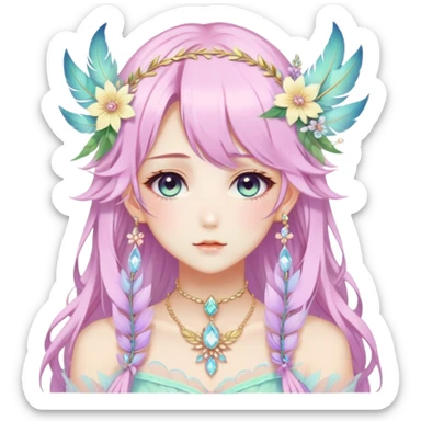 Beautiful gorgeous anime lady with beautiful pastel-special-hair, fashion aesthetic, ethereal, fairycore, pastelcore, feather, flower, crystals, accessories, jewelries, gold, colorful, laurel sticker