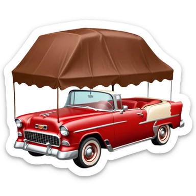 1955 Chevrolet Bel Air Convertible (Red-White color). The doors, bumper, hood and wheels are covered in sticky brown mud, which is clearly visible. Brown liquid mud is pouring out of the bucket from above. Aspect ratio: 1:1 sticker