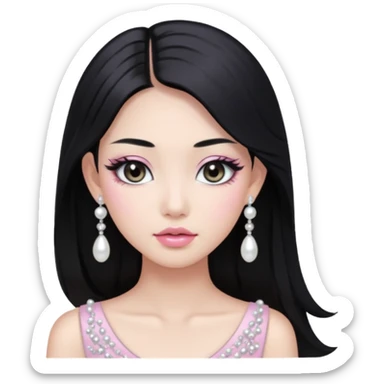 asian long black hair silver grey eyes glossy lips glittery white and light pink eyeshadow girl pearl earrings sticker
