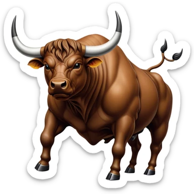 Cinematic Realistic depiction of a powerful Spanish charging bull, rendered with dynamic muscle definition and detailed, textured hide, set against a dramatic backdrop with intense, action-packed lighting sticker