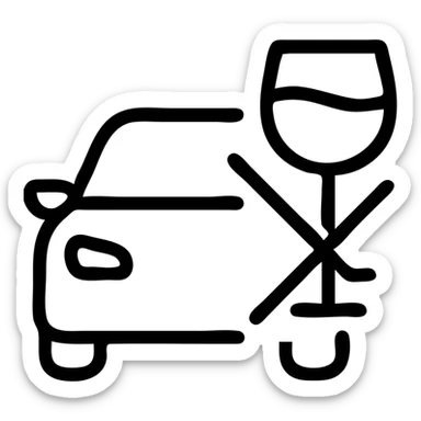 outlined icon of a car with a crossed-out wine glass, symbolizing no drunk driving sticker