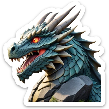 Cinematic Noble Giant Rock Dragon Portrait Emoji, Poised and awe-inspiring, with a massive, rugged form carved from ancient stone, featuring intricately textured scales that resemble weathered granite and basalt, and piercing, stony eyes echoing the strength of timeless mountains; rendered with lifelike detail and earthy natural highlights, high shine, formidable and grounded, styled with an aura of primordial majesty, focused and resolute, soft glowing outline, capturing the essence of an enduring rock titan ready to surge from the screen with ageless power! sticker