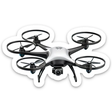 An icon showing a racing quadcopter drone in the foreground, flying at high speed through a course filled with obstacles and checkpoints. Other drones zoom in the background over a dynamic landscape. Transparent background highlights the thrill and precision of drone racing. sticker