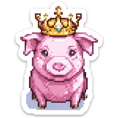 pixel art pig with a shiny gold crown, simple background sticker
