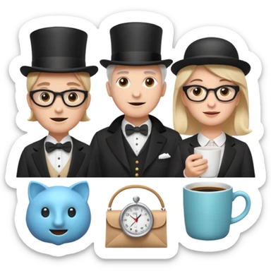 6 icons in a 2×3 grid, soft 3D emoji style, pastel colors, equal spacing, white background:
1) speech bubble
2) theatre masks
3) dynamic stopwatch
4) house + coffee + shopping bag
5) English gentleman
6) female support agent with headset
 sticker