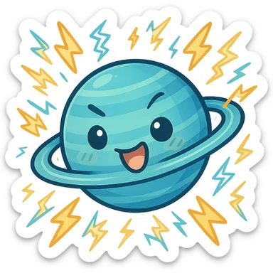 Uranus planet emoji with a quirky face, blue-green hues, dynamic rings, electric sparks and lightning, embodying chaos and sudden change sticker