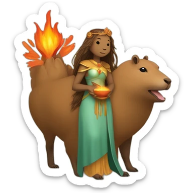 the goddess of the hearth and comfort holds a capybara, which has fire in its paws sticker