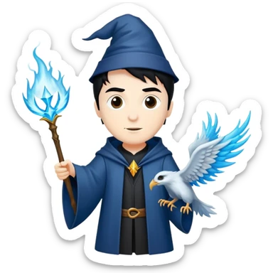 Generate a white skin, black hair wizard from gryffindor, harry potter universe, with his Phoenix patronus sticker