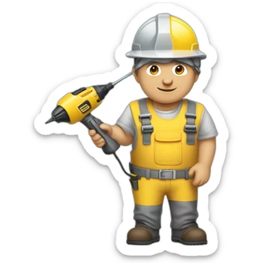Middle-aged man, dressed in a yellow engineer helmet and gray overalls, holding an electric tool. sticker