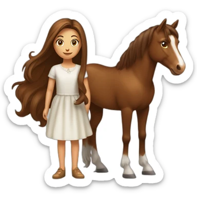 Un cheval marron avec une fille à côté qui a les cheveux brun et assez long  sticker