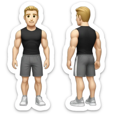 Pale skinned Fit Man With the biceps and dark brown hair in black shirt, gray sports shorts and white Sneakers sticker
