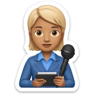 Apple Memoji-style 3D emoji of a journalist holding a microphone and notepad, smooth gradients, rounded shapes, no background. sticker