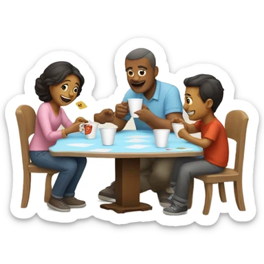 An emoji of a family—mother, father, and child—sitting at a table, playing a cup game with paper cups arranged on the table as they have fun together sticker