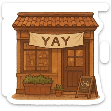 cozy brown café storefront with a soft “YAY” banner, warm hand-drawn tones sticker