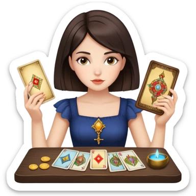 a brunette girl with a square hairstyle, reading tarot cards sticker