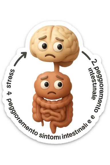 EMOJI STILE IPHONE 3D DI un cerchio con queste scritte che girano intorno in ordine per come li ho scritti "1. stress → 2. peggioramento intestinale → 3. aumento infiammazione → 4. peggioramento sintomi intestinali e sistemici." al centro del cerchio metti un cervello e intestino umani collegati verticalmente con espressione dubbiosa in volto, FALLO MOLTO REALISTICO IN 3D sticker