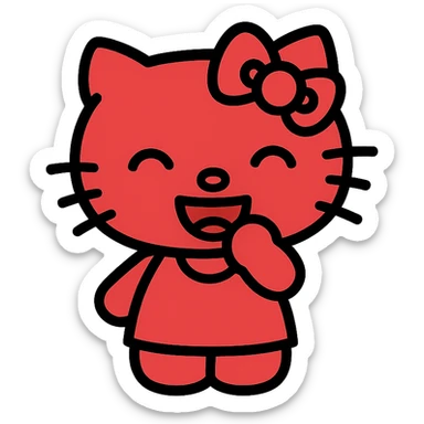 Hello Kitty character, red color, laughing expression, simple and iconic style sticker