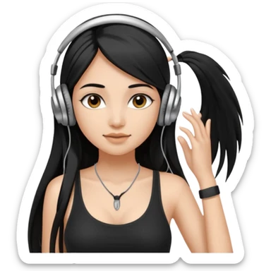 a fair indian girl with straight black long hair, wearing a black cami top. and wearing silver  headphones on sticker