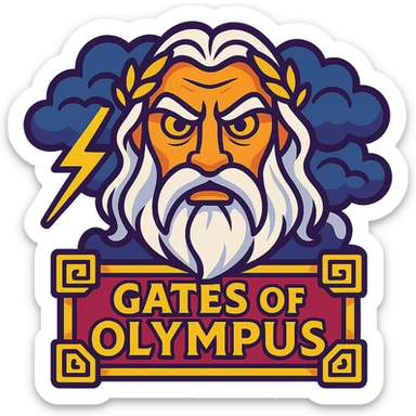 Gates of Olympus slot emoji with a dramatic Zeus face, thunderclouds, and ornate gold details sticker