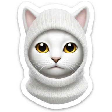 A white cat in a knitted white balaclava sticker
