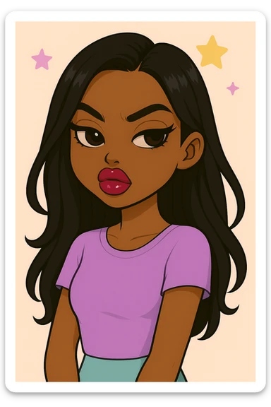 Headshot only of a 20-year-old anime Bratz style woman with dark skin and straight hair, wearing a cute pastel Y2K look. She has big expressive eyes, glossy lips, no hat, no tears, and a confident, aloof expression with a snooty attitude and her nose turned up. sticker