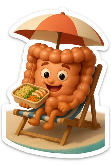 EMOJI STILE IPHONE DI INTESTINO IN SPIAGGIA SU UNA SPIAGGINA SOTTO L'OMBRELLONE CON IN MANO UNA SCHISCETTA DI Insalata di quinoa e pollo con rucola e carote, iperrealistica 4k sticker