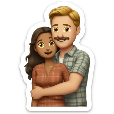 Tall white man wearing plaid with brown hair and a brown mustache hugging a very short Indian woman sticker