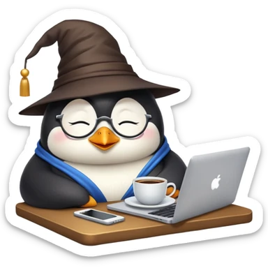 A penguin wizard who have spectacles, sitting in front of Macbook and have coffee cup on one side and cat sleeping on other side emoji sticker