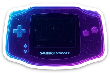 Transform the Gameboy Advance into a cyberpunk, holographic style with glowing neon blue and pink edges and circuit patterns throughout the entire device. The main body should be purple, maintaining the recognizable shape, buttons, and screen. Overlay neon and circuit effects in a futuristic, clean style with a consistent cyberpunk glow and intricate circuit details. Transparent background. sticker