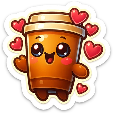 Tall coffee cup, extreme flirty, gushing with love, dramatic sticker