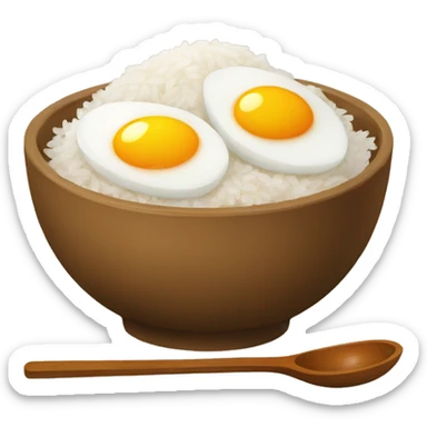 a bowl of rice with two eggs and two chicken sticker