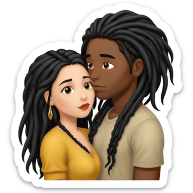 Latina Woman with long hair kissing a young black guy with dreads no beard sticker