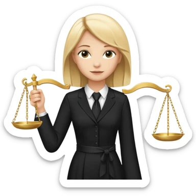 woman lawyer blanche et blonde avec des cheveux mi-long; elle est habillée avec une longue robe noire et une cravate blanche; elle est victorieuse en portant la balance de la justice sticker