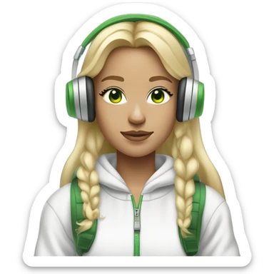  blonde girl wearing white headphones with green eyes and grey tracksuit and white airforces sticker