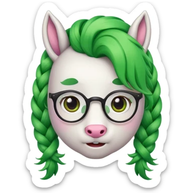 braided unicorn face wiith big visible braids looking into the camera spectacled green hair and no ears sticker