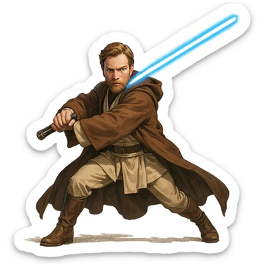 Obi-Wan Kenobi, action pose, brown robe, blue lightsaber, determined face, Star Wars sticker