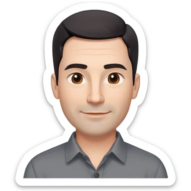 Professional-looking man in his 40s with wide square face, defined jawline, full cheeks, warm smile, medium brown eyes, prominent natural eyebrows, straight wide nose, slightly upturned lips, short fade haircut with dark almost black hair, wearing a gray button-up shirt sticker